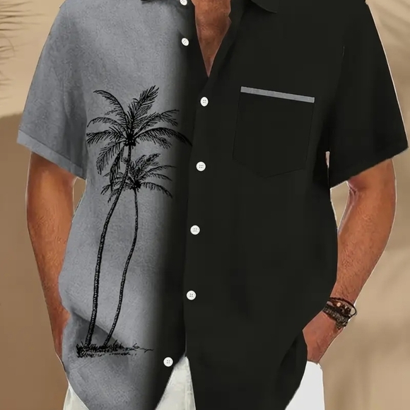 Men's Black and Gray Palm Tree Casual Shirt - Picture 5 of 6